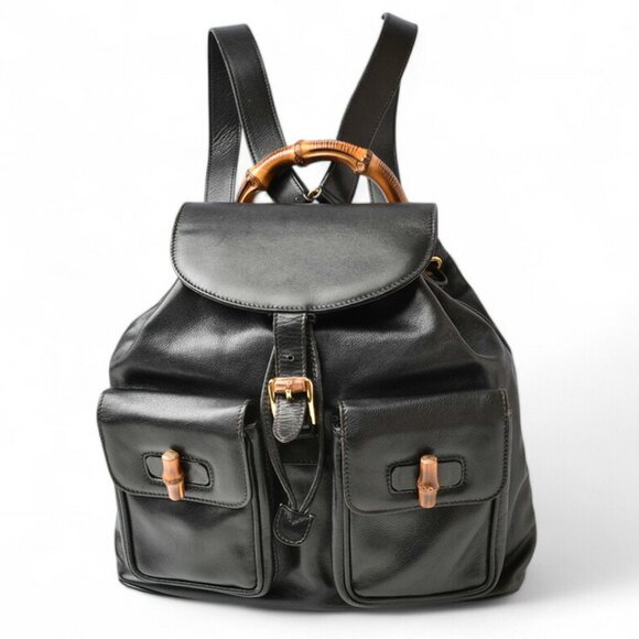 GUCCI Black Leather Bamboo Backpack - Picture 1 of 15